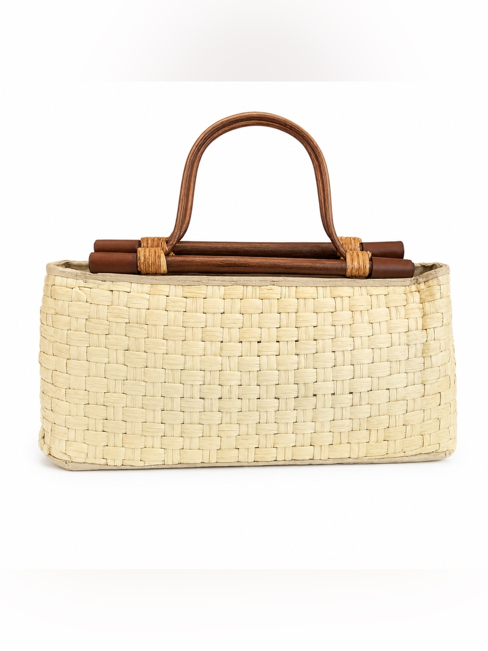 Jessica McClintock Vintage Woven Straw Bamboo Handle Handbag Coastal Summer Bag